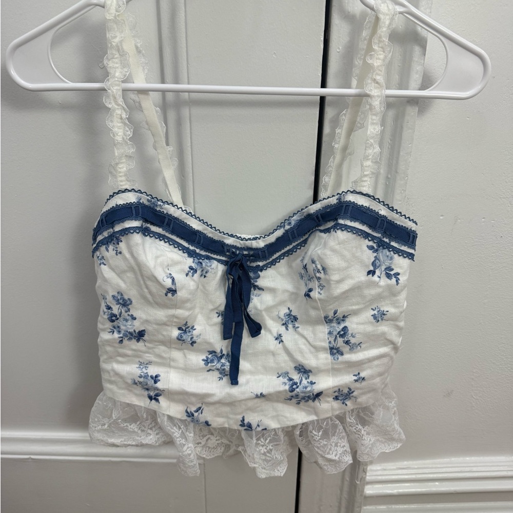 Reformation White and Blue Floral Top